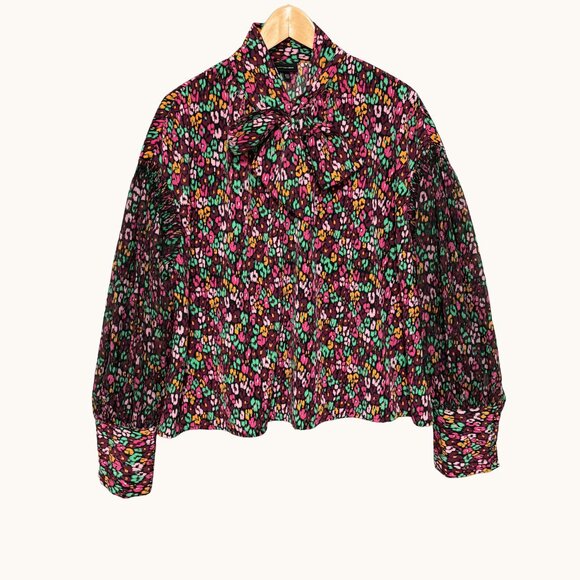 Who What Wear Womens Tie Neck Balloon Sleeve Top XXL Green Pink Abstract Floral - Picture 1 of 10